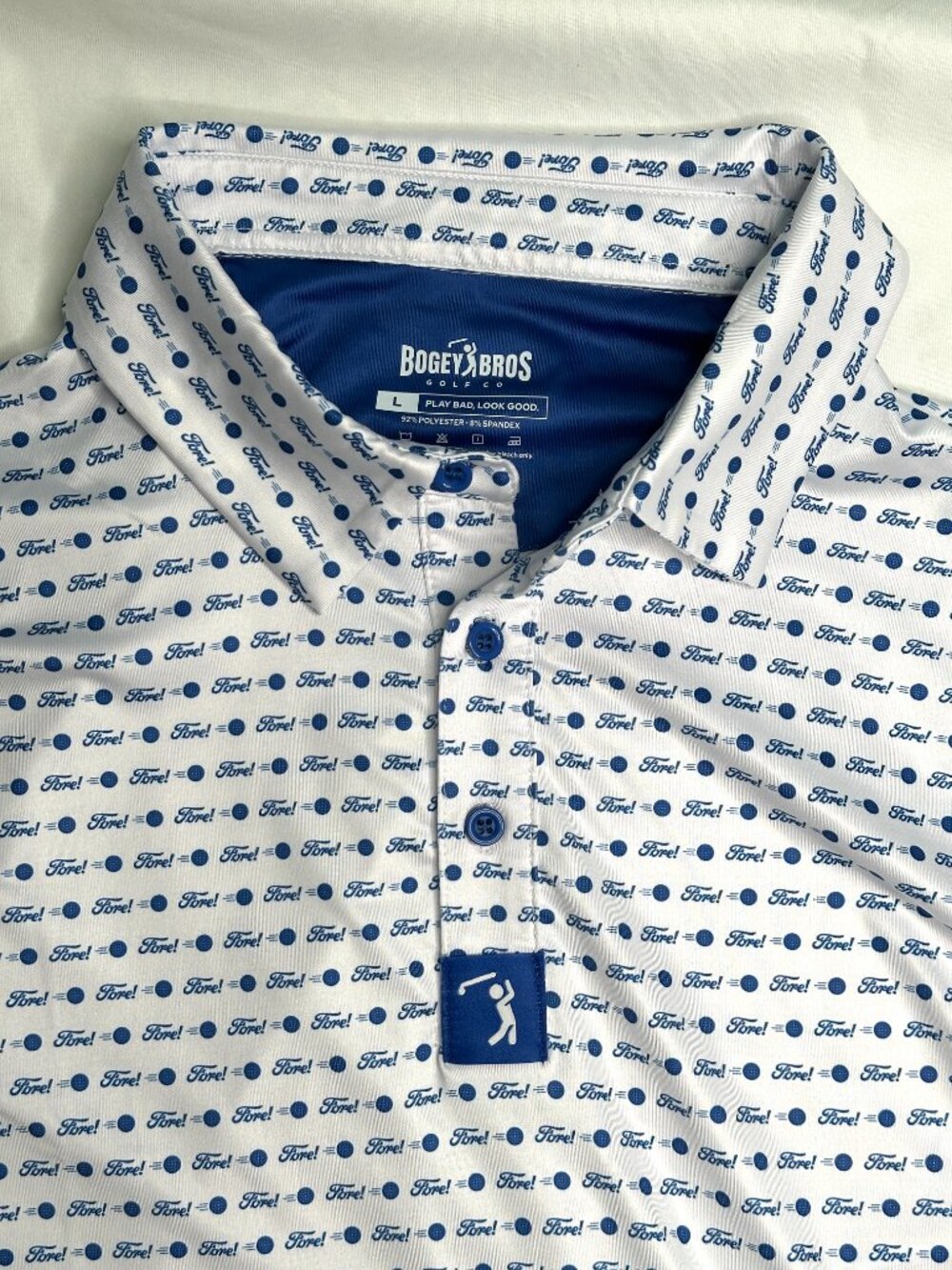 Bogey Bros Shirt Mens Size L White Blue Golf Performance Stretch Fore AOP (Ford)